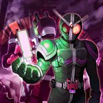  antennae belt black_bodysuit bodysuit damaged glowing green_bodysuit kamen_rider kamen_rider_dcd kamen_rider_decade kamen_rider_double kamen_rider_w multiple_boys shigehiro_(hiroi_heya) 