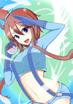  blue_eyes fuuro_(pokemon) gloves gym_leader hair_ornament highres midriff poke_ball pokemon pokemon_(game) pokemon_bw red_hair sazame_(sazame) shorts solo 