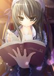  bad_id bad_pixiv_id black_hair blue_eyes blush book breasts cleavage detached_sleeves frills hat highres holding holding_book lamp long_hair medium_breasts original petals rozea_(graphmelt) solo 