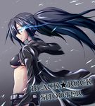  belt bikini_top black_hair black_rock_shooter black_rock_shooter_(character) blue_eyes breasts glowing glowing_eyes medium_breasts mitsuru_(madeinore) scar short_shorts shorts sideboob smile solo twintails underboob 