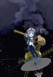  bag blue_hair camera green_eyes hat inui_(jt1116) mecha_musume necktie original personification sitting solo space space_craft stargazing telescope voyager 