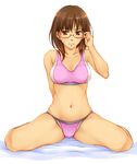  adjusting_eyewear bare_shoulders brown_eyes brown_hair glasses midriff navel original panties sitting skindentation solo sports_bra suda_(yuunagi_enikki) underwear underwear_only wariza wavy_mouth 