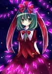  bad_id bad_pixiv_id bow crystal danmaku dress front_ponytail glowing green_eyes green_hair hair_bow hair_ribbon highres kagiyama_hina kusada_souta ribbon smile solo touhou 