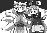  :&lt; animal_ears bunny_ears cigarette fire flame fox_tail greyscale hand_on_shoulder hands_in_opposite_sleeves hands_together hat long_hair matches monochrome multiple_girls multiple_tails necktie no_mouth own_hands_together reisen_udongein_inaba short_hair skirt slit_pupils smoking sparkle surcoat sweat tail thighhighs touhou ume_(noraneko) very_long_hair yakumo_ran 