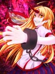  ahoge alcohol blonde_hair chain cofi_(eternal) cuffs cup dress grin horn hoshiguma_yuugi long_hair sakazuki sake smile solo star touhou 