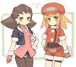  7010 blonde_hair blush brown_hair crotch_plate earrings gloves green_eyes hair_pulled_back hairband hand_on_hip hat jewelry multiple_girls pantyhose pink_hairband red_shorts rockman rockman_dash roll_caskett short_hair shorts smile spandex tron_bonne 