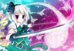  ahoge belt black_hairband bow bug butterfly dual_wielding hair_bow hairband holding insect konpaku_youmu konpaku_youmu_(ghost) nanamomo_rio purple_eyes silver_hair solo sword touhou weapon 