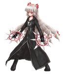  axel_(kingdom_hearts) axel_(kingdom_hearts)_(cosplay) black_coat_(kingdom_hearts) bow chakram cosplay fujiwara_no_mokou full_body hair_bow hair_ribbon hime_cut itokana kingdom_hearts long_hair low-tied_long_hair organization_xiii power_connection red_eyes ribbon silver_hair smile solo touhou transparent_background weapon 