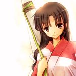  boomerang brown_eyes brown_hair holding inuyasha japanese_clothes kimono kin'iro_nyanko long_hair looking_at_viewer low-tied_long_hair sango smile solo upper_body weapon yukata 