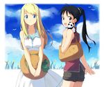  bad_id bad_pixiv_id bag bare_shoulders black_eyes black_hair blonde_hair blue_eyes casual dress ear_piercing fullmetal_alchemist hat hat_removed headwear_removed holding holding_hat looking_at_viewer looking_back may_chang multiple_girls older panda piercing ponytail riru smile sun_hat winry_rockbell xiao-mei 