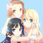  akiyama_mio armpits black_hair blonde_hair blue_eyes brown_eyes brown_hair bug butterfly chin_grab flower frills h2so4 hairband hug insect k-on! kotobuki_tsumugi long_hair lowres multiple_girls off_shoulder parody perfume short_hair simple_background smile tainaka_ritsu 