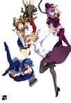  5girls absurdres alternate_legwear apron arcueid_brunestud arima_miyako black_hair blonde_hair blue_eyes boots braid broom brown_hair ciel falling hat headbutt highres melty_blood multiple_girls nanaya_(daaijianglin) pile_bunker powerd_ciel purple_eyes purple_skirt seventh_holy_scripture short_hair simple_background sion_eltnam_atlasia skirt skirt_pull smile star sweatdrop sweater thighhighs tsukihime yellow_eyes yumizuka_satsuki zettai_ryouiki 