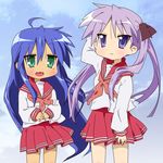  bad_id bad_pixiv_id blue_eyes blue_hair green_eyes hiiragi_kagami izumi_konata long_hair lucky_star mole mole_under_eye multiple_girls purple_hair ryouou_school_uniform school_uniform serafuku tea_(084630000) twintails 