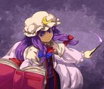  book bow crescent hat patchouli_knowledge purple_eyes purple_hair shibasaki_shouji solo touhou wand 