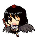  black_hair black_wings brown_eyes chibi geta hat looking_at_viewer one_eye_closed open_mouth pen shameimaru_aya simple_background smile socha solo tengu-geta touhou wings 