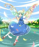  alternate_wings bad_id bad_pixiv_id daiyousei flower gradient_hair green_eyes green_hair highres makino_(ukiuo) multicolored_hair petals short_hair side_ponytail solo touhou water wings 