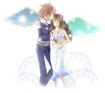  anna_irving brown_hair couple eyes_closed fingerless_gloves gloves hand_on_head hug kratos_aurion long_hair short_hair tales_of_(series) tales_of_symphonia wings 
