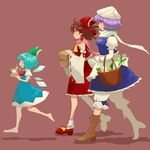  bad_id bad_pixiv_id barefoot basket blue_eyes blue_hair boots bow brown_hair cirno detached_sleeves food hair_bow hakurei_reimu hat letty_whiterock matsutani multiple_girls purple_hair running scarf shopping touhou vegetable wings 