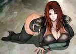  asanuma ass bad_id bad_pixiv_id boots breasts high_heels hokuto_no_ken huge_breasts jewelry long_hair lying mamiya necklace red_hair see-through shoes skirt solo thigh_boots thighhighs 
