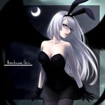  animal_ears arin bespectacled blue_eyes breasts bunny_ears bunnysuit cleavage glasses gloves large_breasts long_hair moon pangya pantyhose silver_hair solo white_hair wings yori_(shitsuon) 