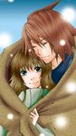  anna_irving blue_eyes brown_hair couple eyes_closed hug kratos_aurion lowres red_hair redhead short_hair smile snow tales_of_(series) tales_of_symphonia 