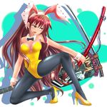  animal_ears bow bowtie brown_hair bunny_ears bunnysuit electric_guitar guitar highres instrument katana long_hair mouth_hold nagare original pantyhose solo sword weapon wrist_cuffs yellow_eyes 