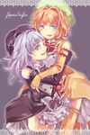  1girl aqua_eyes bad_id bad_pixiv_id beads beret blue_hair bow brown_bow detached_sleeves dress elbow_gloves fang fingerless_gloves furfur gloves hat hoe_satsuki jewelry long_hair orange_hair otoko_no_ko umineko_no_naku_koro_ni zepar 