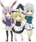  animal_ears blonde_hair bunny_ears chibi grin hat izayoi_sakuya kirisame_marisa knife kurosawa_kazuto maid multiple_girls reisen_udongein_inaba smile thighhighs touhou witch_hat 