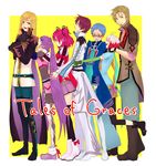  4boys asbel_lhant bad_id bad_pixiv_id blonde_hair blue_eyes blue_hair blue_shirt blush boots brown_eyes brown_hair cheria_barnes copyright_name cravat furuta_yago glasses gloves highres hubert_ozwell knee_boots malik_caesars multicolored_hair multiple_boys multiple_girls o-ring pascal pink_hair purple_eyes purple_hair purple_skirt richard_(tales) scarf shirt skirt sophie_(tales) tales_of_(series) tales_of_graces twintails two-tone_hair yellow_background 
