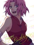  :d bangs black_gloves blush collarbone elbow_pads english gloves green_eyes hands_on_hips happy_birthday haruno_sakura heart looking_at_viewer may_(kurhachi) naruto naruto_(series) open_mouth parted_bangs pink_hair round_teeth short_hair simple_background sleeveless smile solo teeth tegaki upper_body white_background zipper 