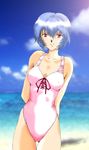  ayanami_rei blue_hair hinoe_riho neon_genesis_evangelion one-piece_swimsuit red_eyes short_hair solo swimsuit 