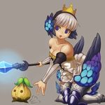  armor armored_dress bad_id bad_pixiv_id bare_shoulders beni_no_iruka blue_eyes breasts cleavage crown detached_sleeves dress feathers grey_background gwendolyn hair_ornament hairband kneeling multicolored multicolored_wings no_choker odin_sphere polearm silver_hair simple_background small_breasts spear strapless strapless_dress thighhighs weapon wings 