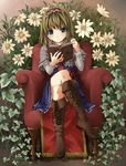  alice_margatroid blonde_hair blue_eyes book boots crossed_legs flower hairband highres plant reading short_hair sitting solo touhou unasaka_ryou vines 