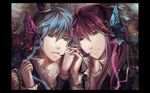  aqua_eyes bad_anatomy bad_id bad_pixiv_id blue_hair butterfly_hair_ornament butterfly_wings cocoons hair_ornament hat headphones headset holding_hands kaito kamui_gakupo magnet_(vocaloid) male_focus mini_hat mini_top_hat multiple_boys nail_polish ponytail purple_hair smile top_hat vocaloid wings yaoi 