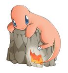  blue_eyes charmander faux_figurine gen_1_pokemon no_humans pokemon pokemon_(creature) rock simple_background solo white_background 