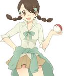  bad_id bad_pixiv_id black_hair brown_eyes clothes_around_waist hand_on_hip holding holding_poke_ball multi-tied_hair ochappa one_eye_closed poke_ball pokemon pokemon_(game) pokemon_dppt simple_background skirt solo suzuna_(pokemon) sweater sweater_around_waist twintails white_background 