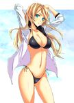  absurdres arms_up bad_id bad_pixiv_id banned_artist bikini black_bikini blonde_hair blue_eyes breasts cleavage cloud highres jacket large_breasts legs long_hair looking_at_viewer open_clothes open_shirt original s_tanly shirt side-tie_bikini sky slender solo su_tanri swimsuit thighs 