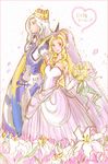  1boy 1girl armor bare_shoulders blonde_hair bouquet cape cecil_harvey couple crown dress earrings female final_fantasy final_fantasy_iv flower hair_ornament jewelry long_hair male na_(pixiv913562) naa_(54891637) necklace rosa_farrell wedding_dress white_hair 