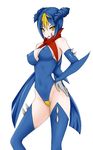  bare_shoulders blue_hair blue_leotard breasts covered_nipples drill_hair elbow_gloves emukon garchomp gen_4_pokemon gloves hand_on_hip highres large_breasts leotard multicolored_hair personification pokemon solo spikes thighhighs two-tone_hair yellow_eyes 