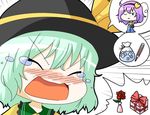  :&lt; bad_id bad_pixiv_id blush chibi closed_eyes comic crying emphasis_lines eyes flower gift green_hair hairband hat heart ice komeiji_koishi komeiji_satori kuzugitsune_(inarikami) multiple_girls nose_blush one_eye_closed purple_hair red_flower red_rose rose short_hair silent_comic speech_bubble spoken_flower spoken_gift spoken_object spoken_person tears thermometer touhou white_background 