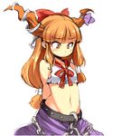  ario arms_behind_back bangs blunt_bangs bow bowtie chain embarrassed flat_chest frown horns ibuki_suika long_hair looking_down lowleg midriff navel oni orange_hair ribbon solo touhou 