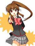  :o bow brown_hair foreshortening little_busters! long_hair misaki_juri natsume_rin open_mouth pink_bow plaid plaid_skirt pointing ponytail red_eyes school_uniform skirt solo 