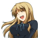  :d blonde_hair breasts closed_eyes impossible_clothes impossible_shirt inu_mamoru_mizuki k-on! kotobuki_tsumugi large_breasts laughing long_hair lowres open_mouth round_teeth school_uniform shirt smile solo taut_clothes taut_shirt teeth upper_body 