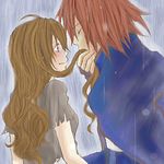  anna_irving blush brown_hair couple eyes_closed kratos_aurion lowres rain red_hair redhead tales_of_(series) tales_of_symphonia 