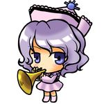  blue_eyes chibi hat instrument merlin_prismriver silver_hair simple_background socha solo touhou trumpet 