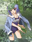  bakemonogatari hana_(hana_mo_arashi_mo) jacket jacket_on_shoulders kawashiro_nitori leaf monogatari_(series) one-piece_swimsuit parody school_swimsuit sengoku_nadeko solo swimsuit touhou two_side_up wading water 