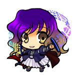  brown_hair chibi dress gradient_hair hijiri_byakuren long_hair multicolored_hair purple_hair scroll simple_background socha solo sorcerer's_sutra_scroll touhou yellow_eyes 