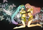  bad_id bad_pixiv_id barefoot bracelet breasts bug butterfly choker cleavage earrings egyptian green_eyes green_hair harem_outfit hatsune_miku headdress insect irono_(irtyu) jewelry large_breasts legs long_hair medium_breasts megurine_luka multiple_girls pink_eyes pink_hair twintails uraeus vocaloid 