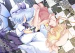  bat_wings blonde_hair blue_hair flandre_scarlet fujisaki_hikari hat hat_ribbon multiple_girls remilia_scarlet ribbon siblings sisters sleeping touhou wings 