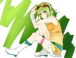  akatsuki_(hinaoto) bad_id bad_pixiv_id bare_shoulders boots breasts goggles goggles_on_head green_eyes green_hair gumi headphones leg_garter leg_hug medium_breasts pleated_skirt short_hair sitting skirt solo vocaloid 